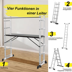 Jopassy 4 in 1 Alu Gerüst 2x6 Sprossen mit Arbeitsplattform Rollen bis 150 kg