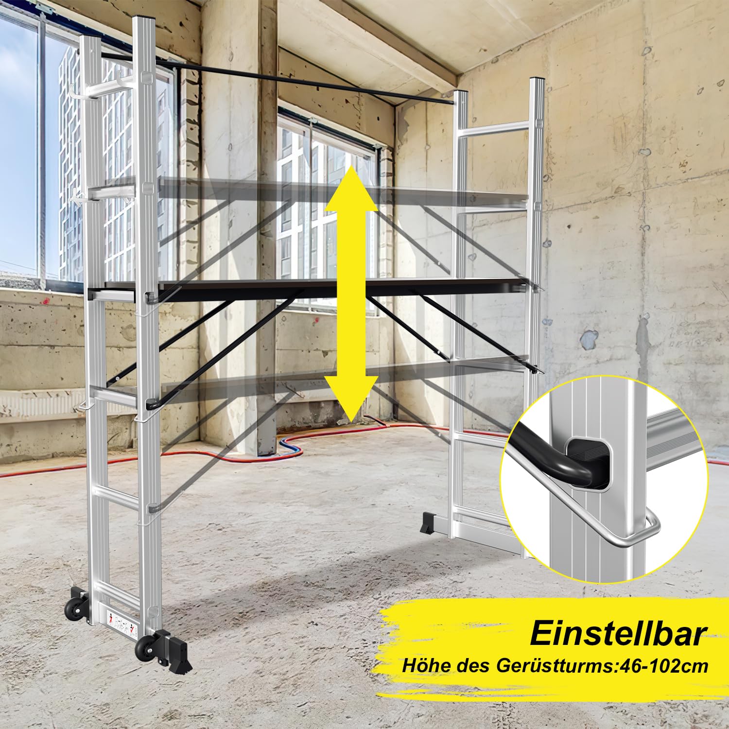 Jopassy 4 in 1 Alu Gerüst 2x6 Sprossen mit Arbeitsplattform Rollen bis 150 kg