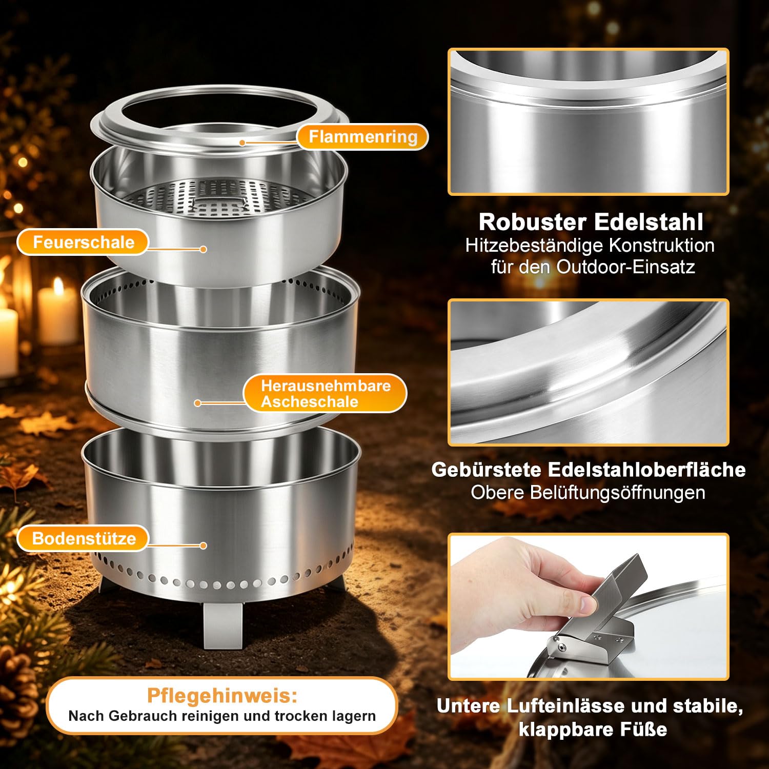 Jopassy Feuerschale Edelstahl Ø50 cm raucharm und klappbar
