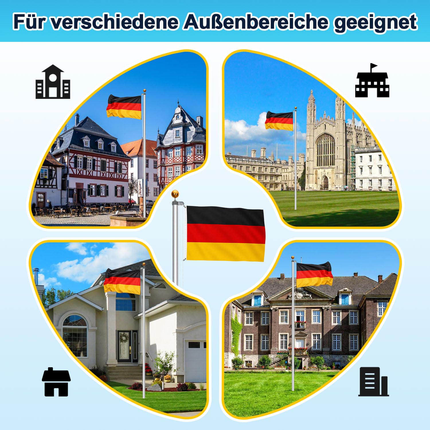 Jopassy Fahnenmast 6,5 m aus Aluminium mit Seilzug und Deutschlandflagge