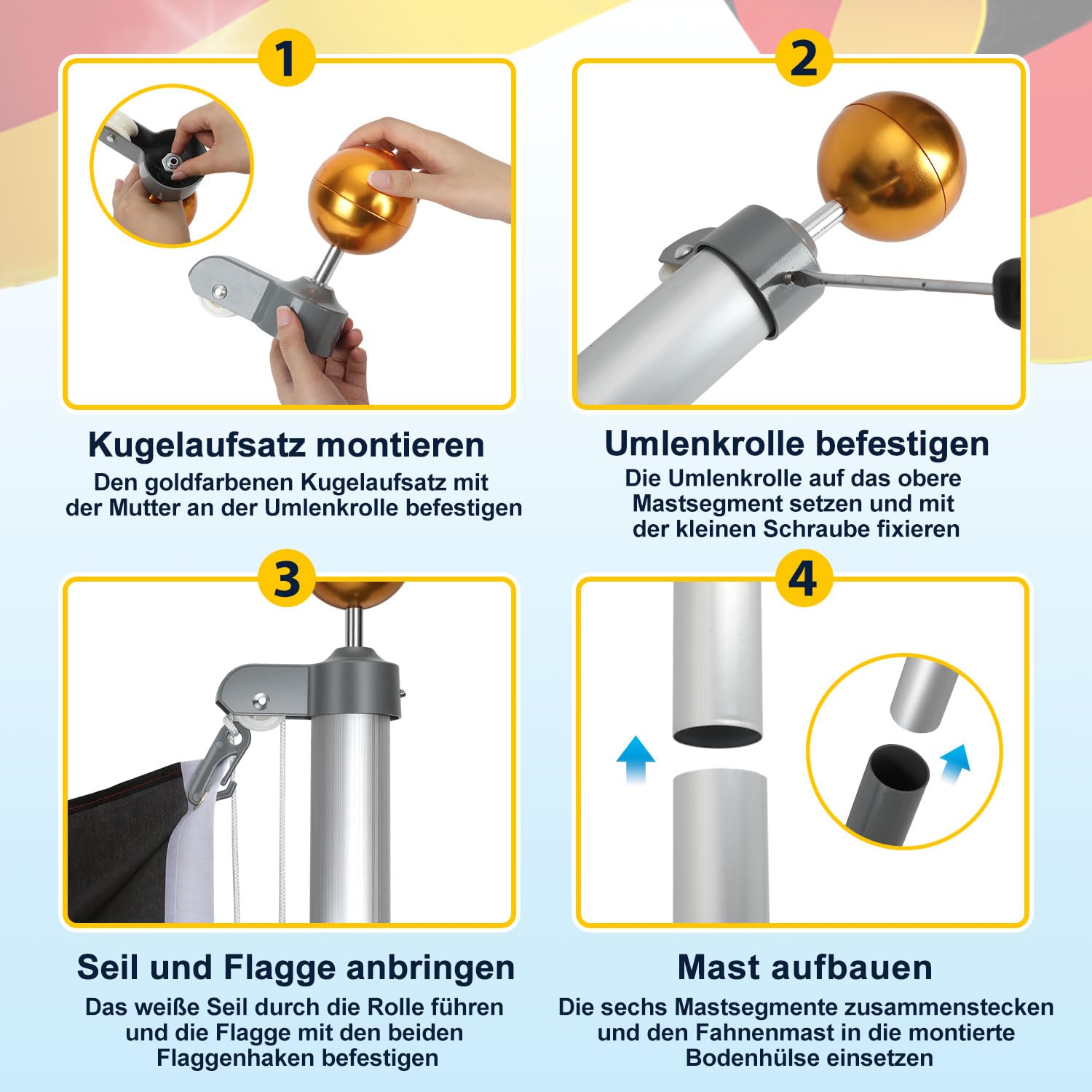 Jopassy Fahnenmast 6,5 m aus Aluminium mit Seilzug und Deutschlandflagge