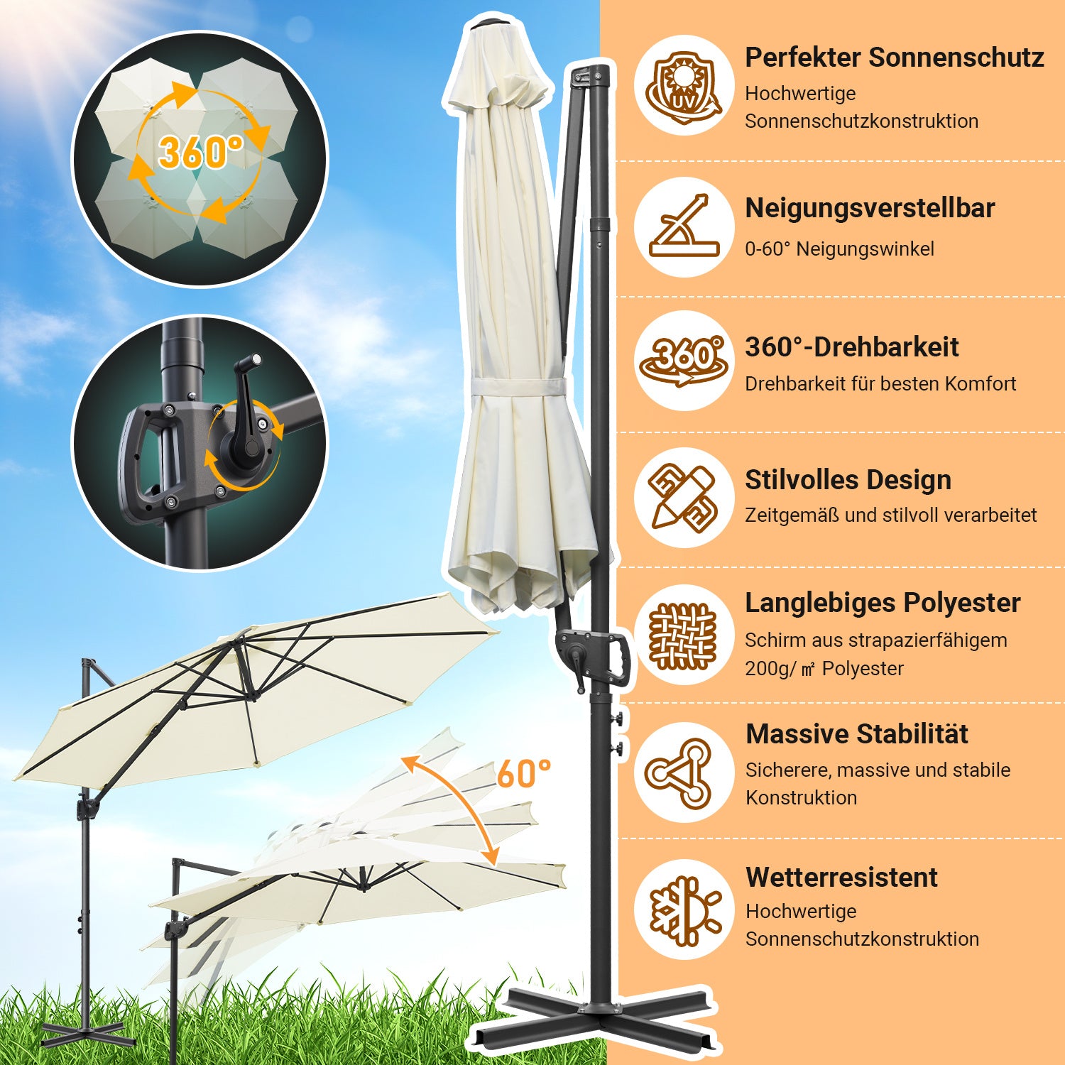 Jopassy Sonnenschirm Ampelschirm Ø 300 cm, Rund Marktschirm Groß 360° Rotation, für Gärten, Terrassen
