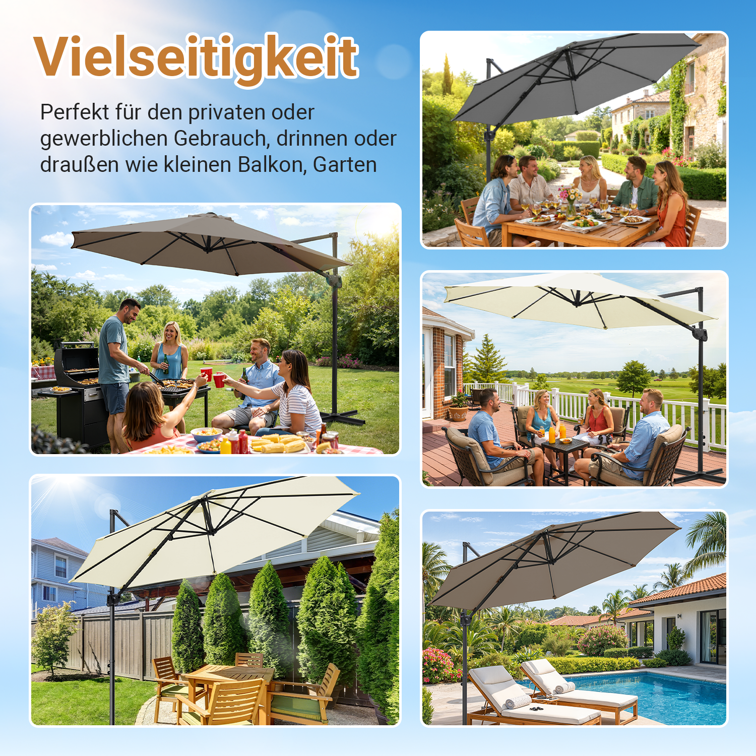 Jopassy Sonnenschirm Ampelschirm Ø 300 cm, Rund Marktschirm Groß 360° Rotation, für Gärten, Terrassen