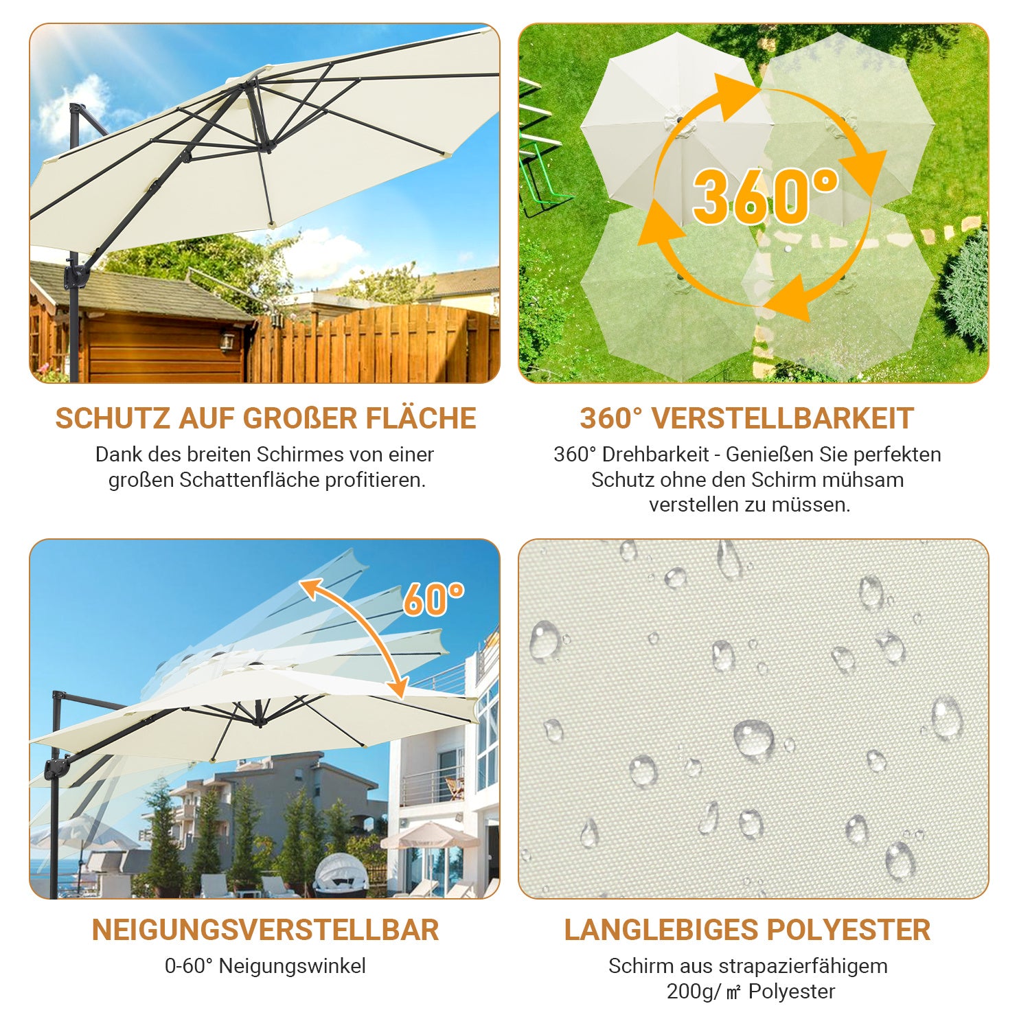 Jopassy Sonnenschirm Ampelschirm Ø 300 cm, Rund Marktschirm Groß 360° Rotation, für Gärten, Terrassen