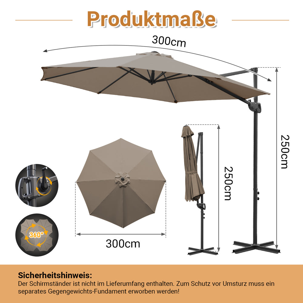 Jopassy Sonnenschirm Ampelschirm Ø 300 cm, Rund Marktschirm Groß 360° Rotation, für Gärten, Terrassen