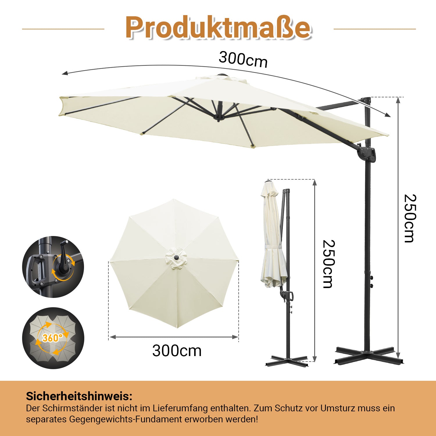 Jopassy Sonnenschirm Ampelschirm Ø 300 cm, Rund Marktschirm Groß 360° Rotation, für Gärten, Terrassen