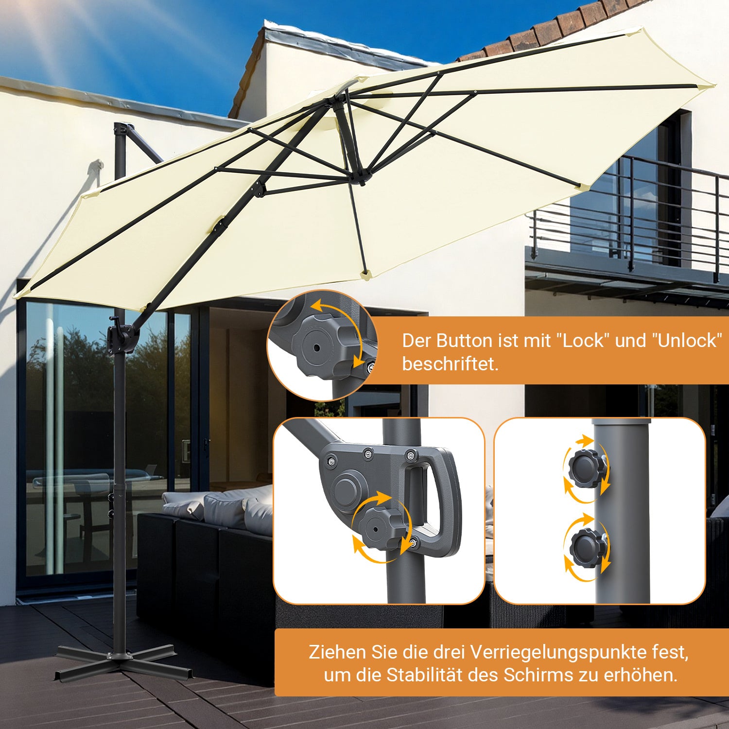 Jopassy Sonnenschirm Ampelschirm Ø 300 cm, Rund Marktschirm Groß 360° Rotation, für Gärten, Terrassen