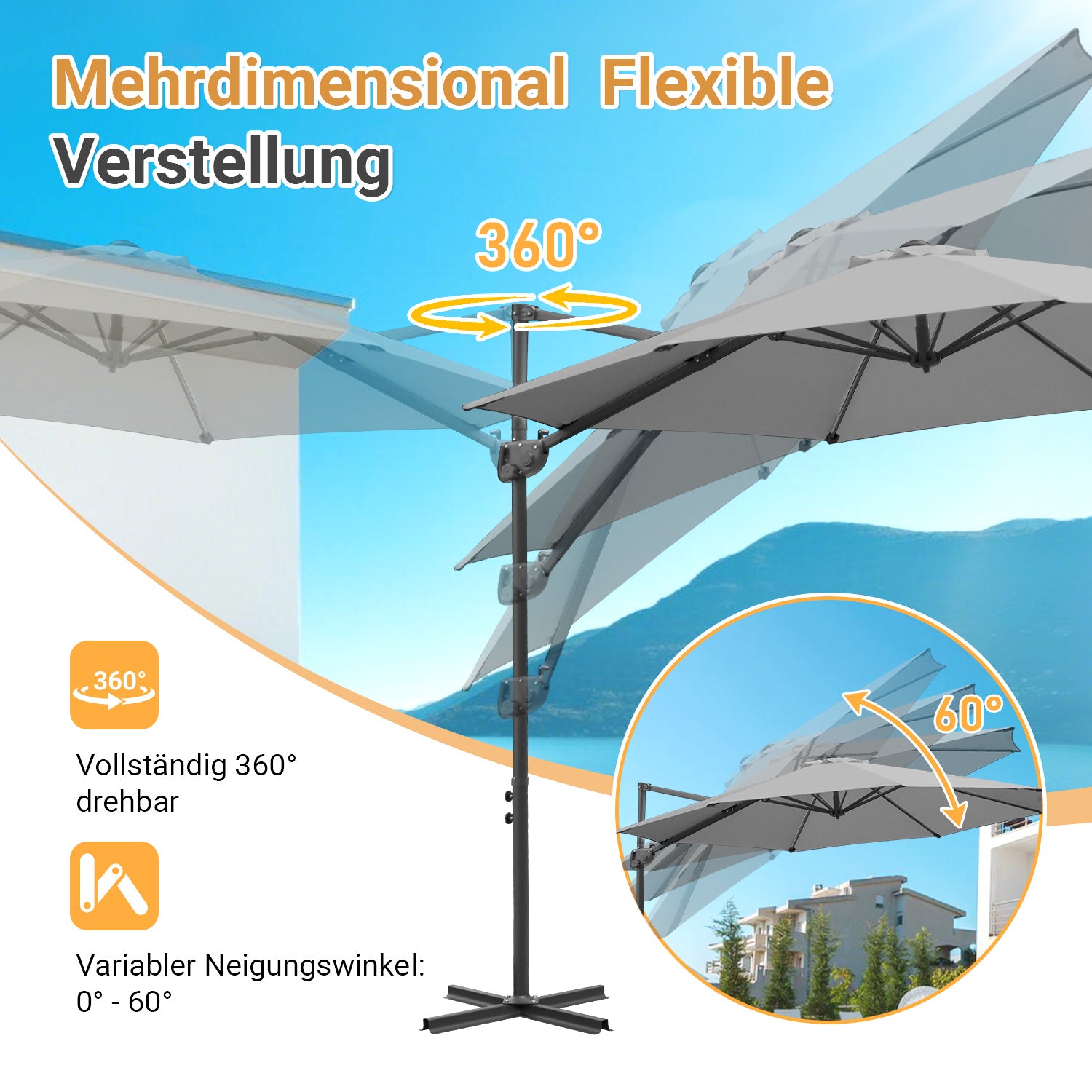 Jopassy Sonnenschirm Ampelschirm Ø 300 cm, Rund Marktschirm Groß 360° Rotation, für Gärten, Terrassen