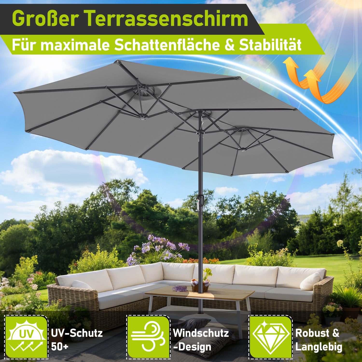 Jopassy Sonnenschirm Doppelsonnenschirm, Gartenschirm mit Kurbel, ohne Ständer