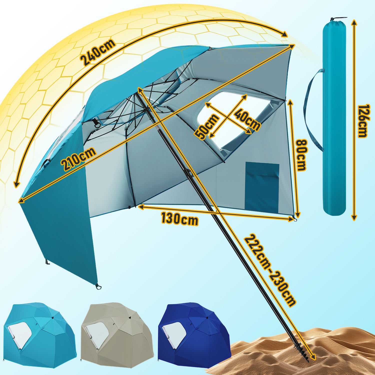 Jopassy Sonnenschirm Strandmuschel 2 in 1, mit Drehkopf & Spiraldübel, UV50+ Sonnenschutz Faltbarer Strandschirm, für 2-4 Personen