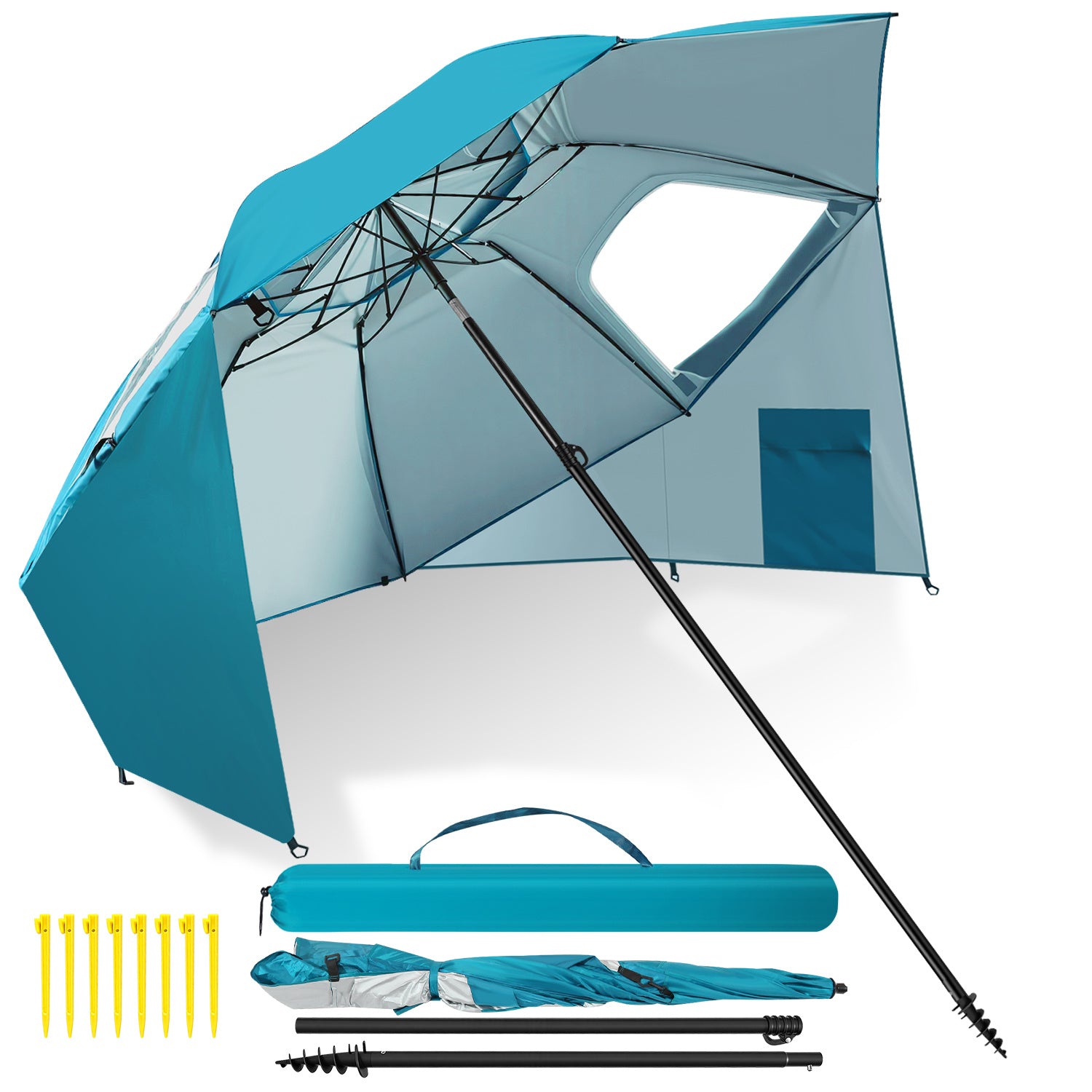 Jopassy Sonnenschirm Strandmuschel 2 in 1, mit Drehkopf & Spiraldübel, UV50+ Sonnenschutz Faltbarer Strandschirm, für 2-4 Personen