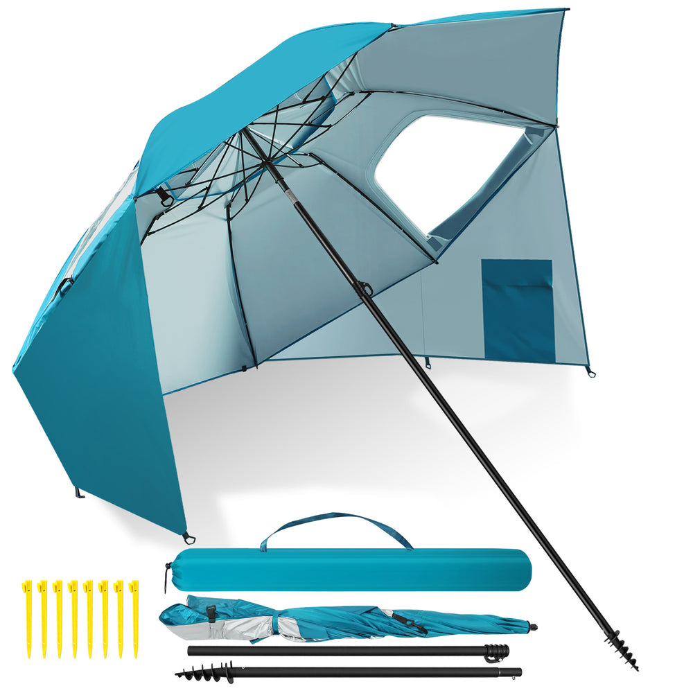 Jopassy Sonnenschirm Strandmuschel 2 in 1, mit Drehkopf & Spiraldübel, UV50+ Sonnenschutz Faltbarer Strandschirm, für 2-4 Personen