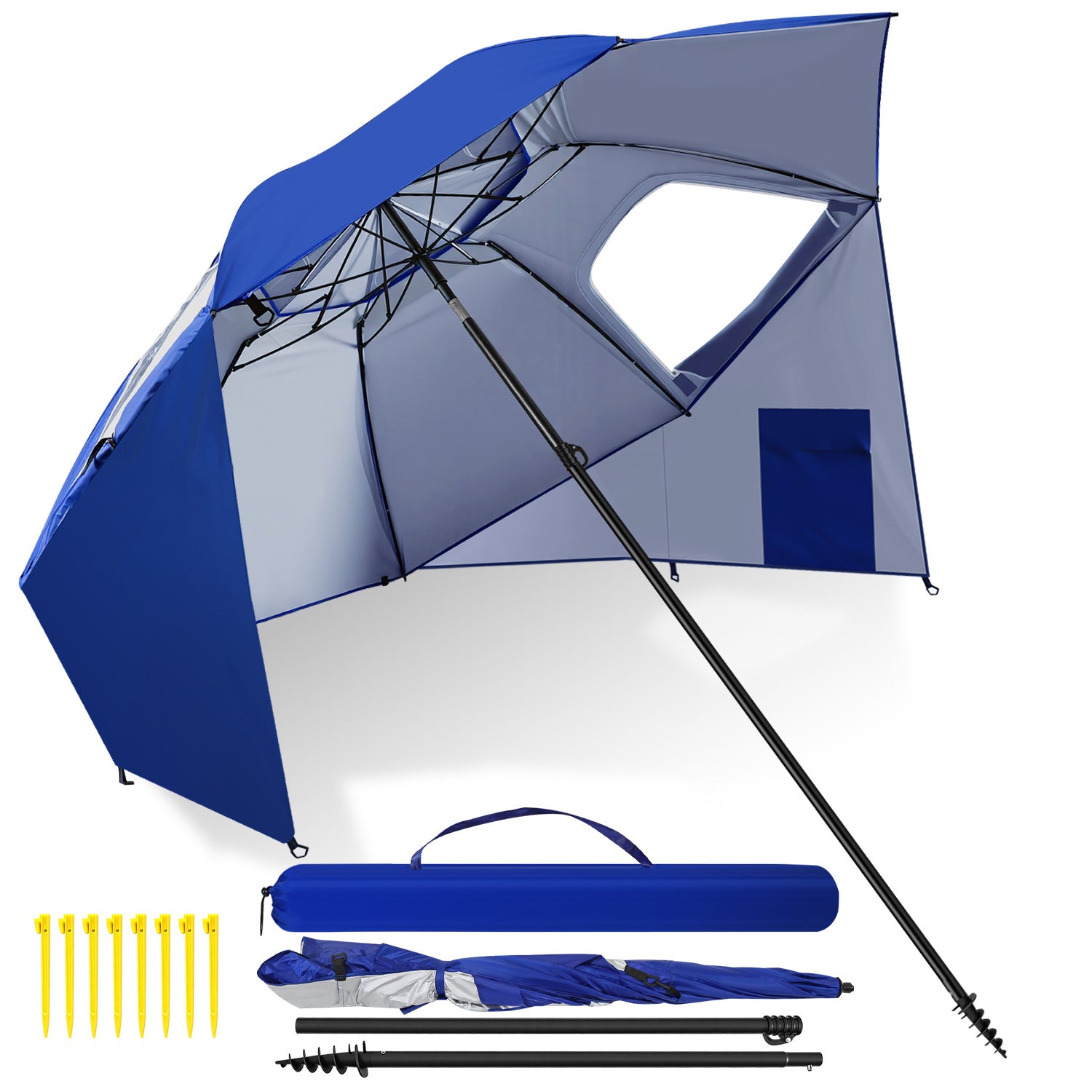 Jopassy Sonnenschirm Strandmuschel 2 in 1, mit Drehkopf & Spiraldübel, UV50+ Sonnenschutz Faltbarer Strandschirm, für 2-4 Personen
