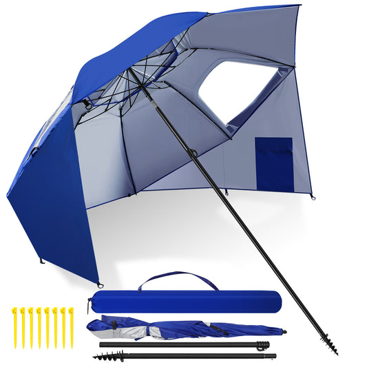 Jopassy Sonnenschirm Strandmuschel 2 in 1, mit Drehkopf & Spiraldübel, UV50+ Sonnenschutz Faltbarer Strandschirm, für 2-4 Personen