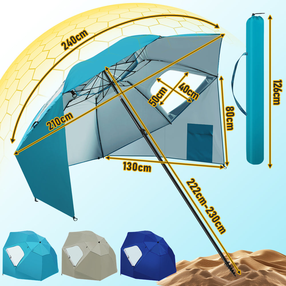 Jopassy Sonnenschirm Strandmuschel 2 in 1, mit Drehkopf & Spiraldübel, UV50+ Sonnenschutz Faltbarer Strandschirm, für 2-4 Personen