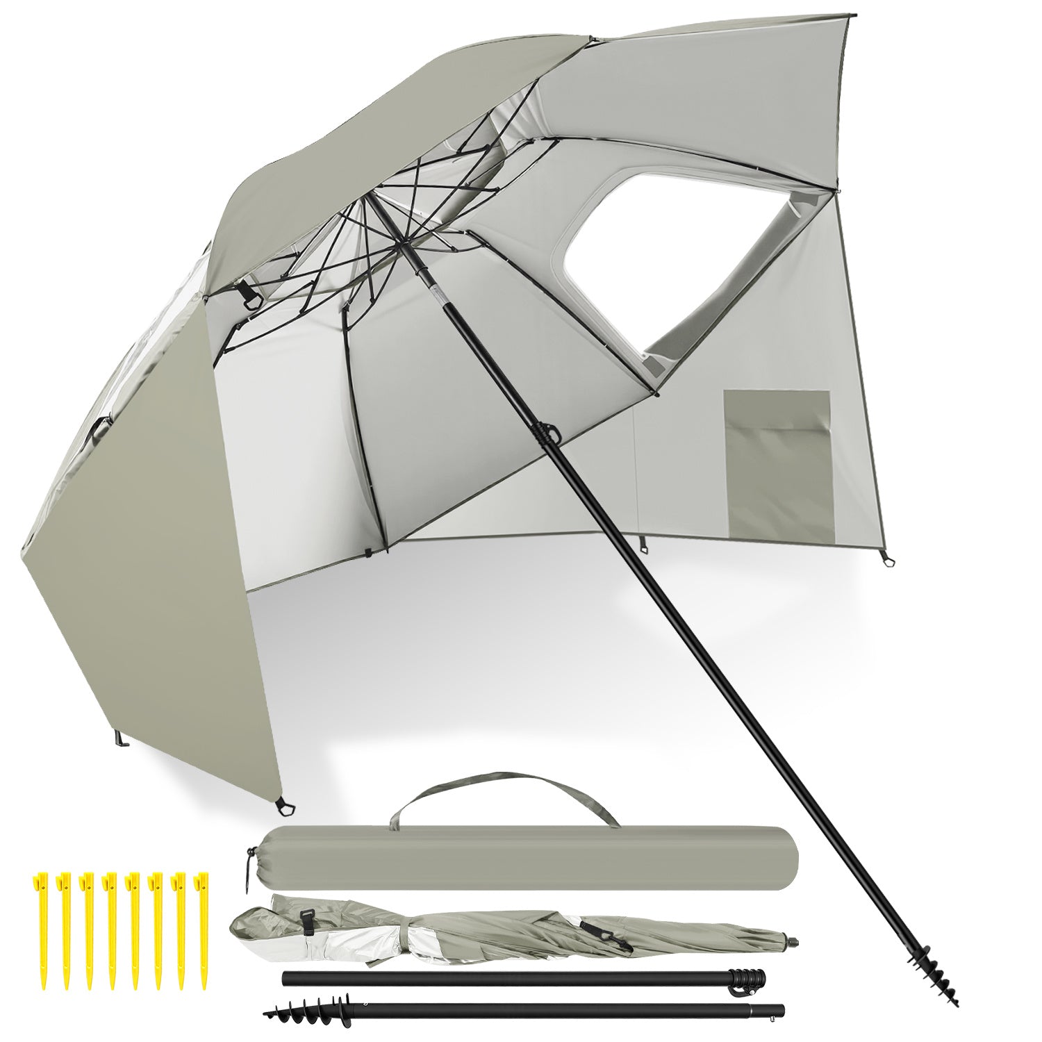 Jopassy Sonnenschirm Strandmuschel 2 in 1, mit Drehkopf & Spiraldübel, UV50+ Sonnenschutz Faltbarer Strandschirm, für 2-4 Personen