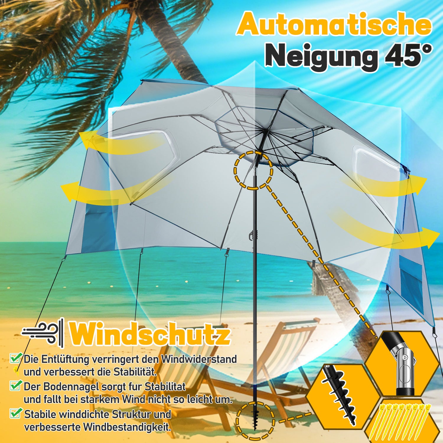 Jopassy Sonnenschirm Strandmuschel 2 in 1, mit Drehkopf & Spiraldübel, UV50+ Sonnenschutz Faltbarer Strandschirm, für 2-4 Personen