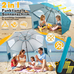 Jopassy Sonnenschirm Strandmuschel 2 in 1, mit Drehkopf & Spiraldübel, UV50+ Sonnenschutz Faltbarer Strandschirm, für 2-4 Personen