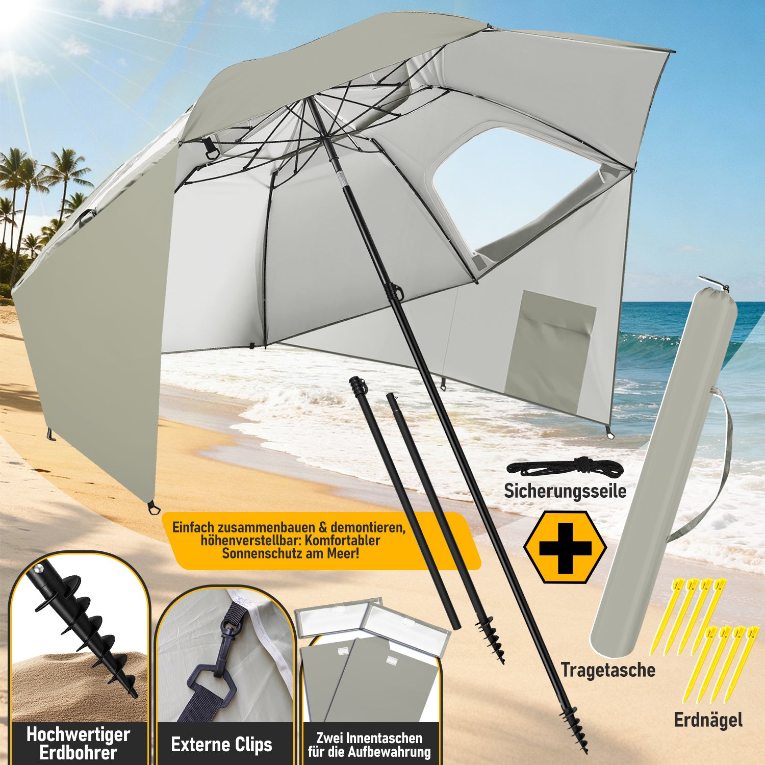 Jopassy Sonnenschirm Strandmuschel 2 in 1, mit Drehkopf & Spiraldübel, UV50+ Sonnenschutz Faltbarer Strandschirm, für 2-4 Personen