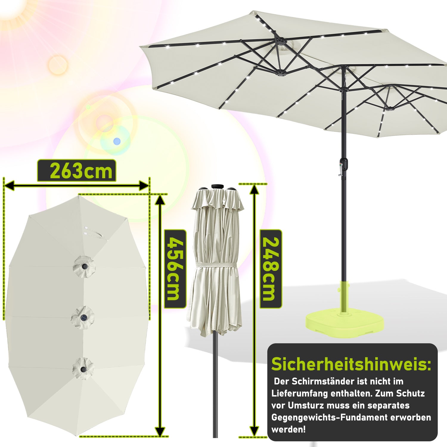 Jopassy Sonnenschirm mit Kurbel, Gartenschirm, mit LED Solar, ohne Ständer