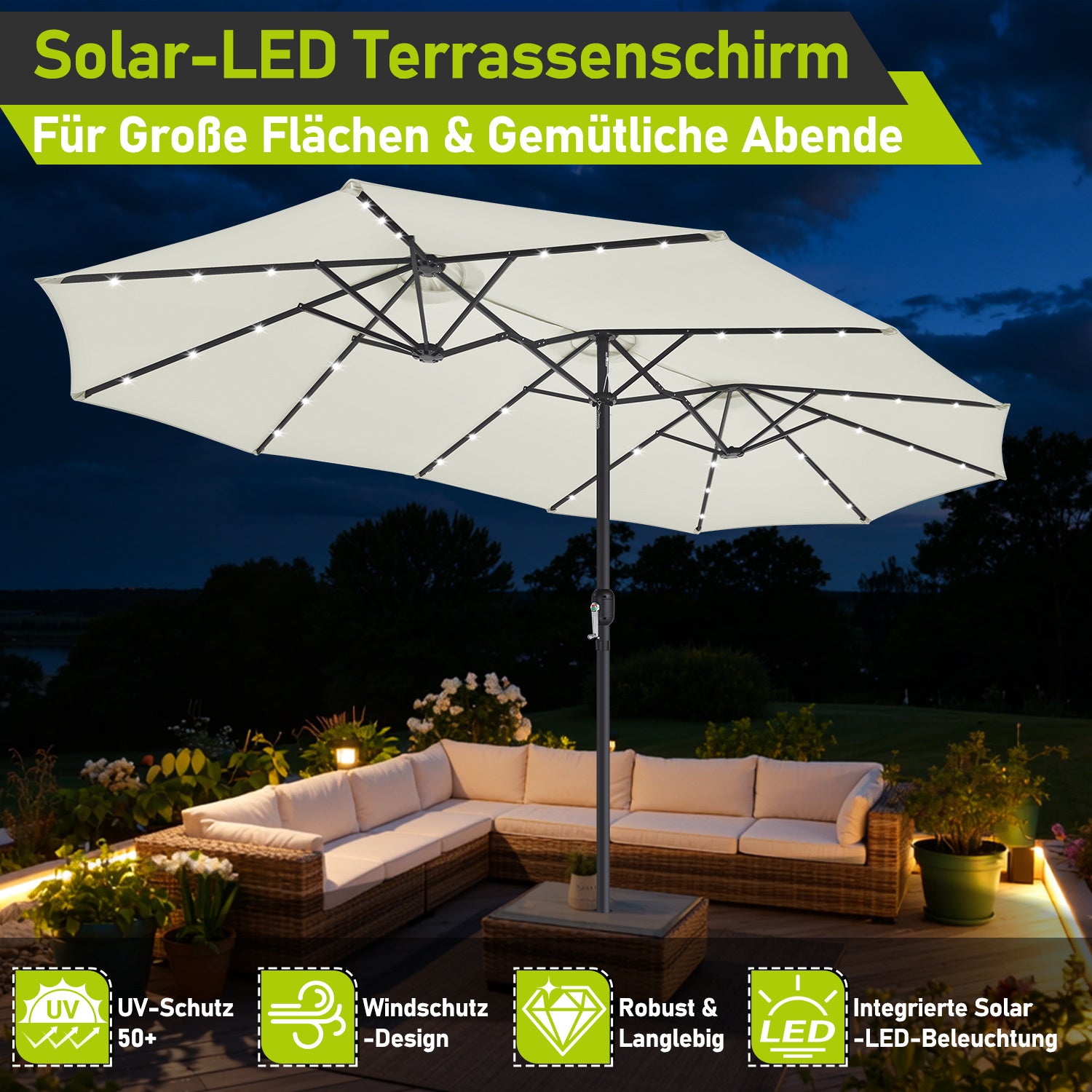 Jopassy Sonnenschirm mit Kurbel, Gartenschirm, mit LED Solar, ohne Ständer