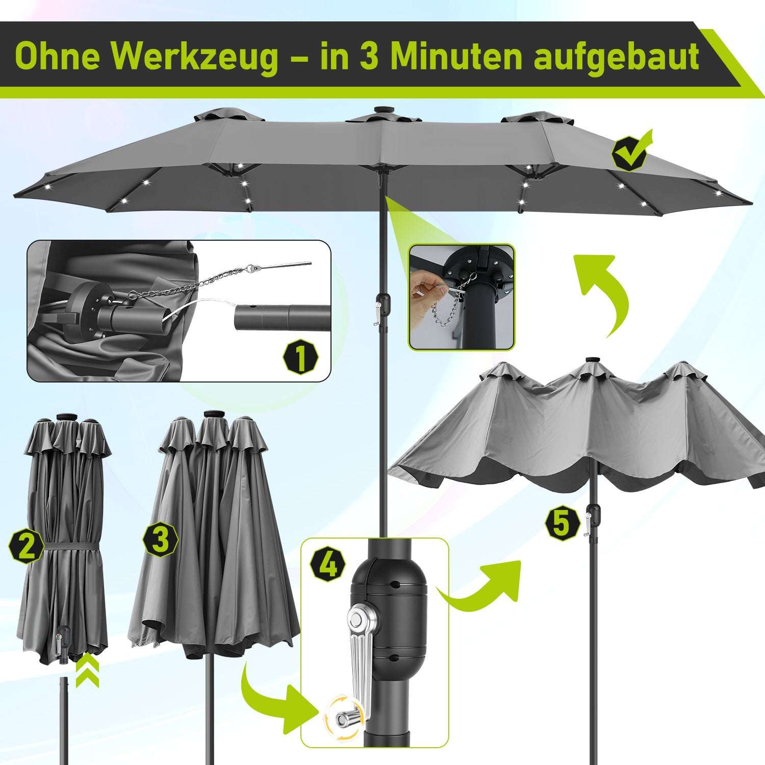 Jopassy Sonnenschirm mit Kurbel, Gartenschirm, mit LED Solar, ohne Ständer