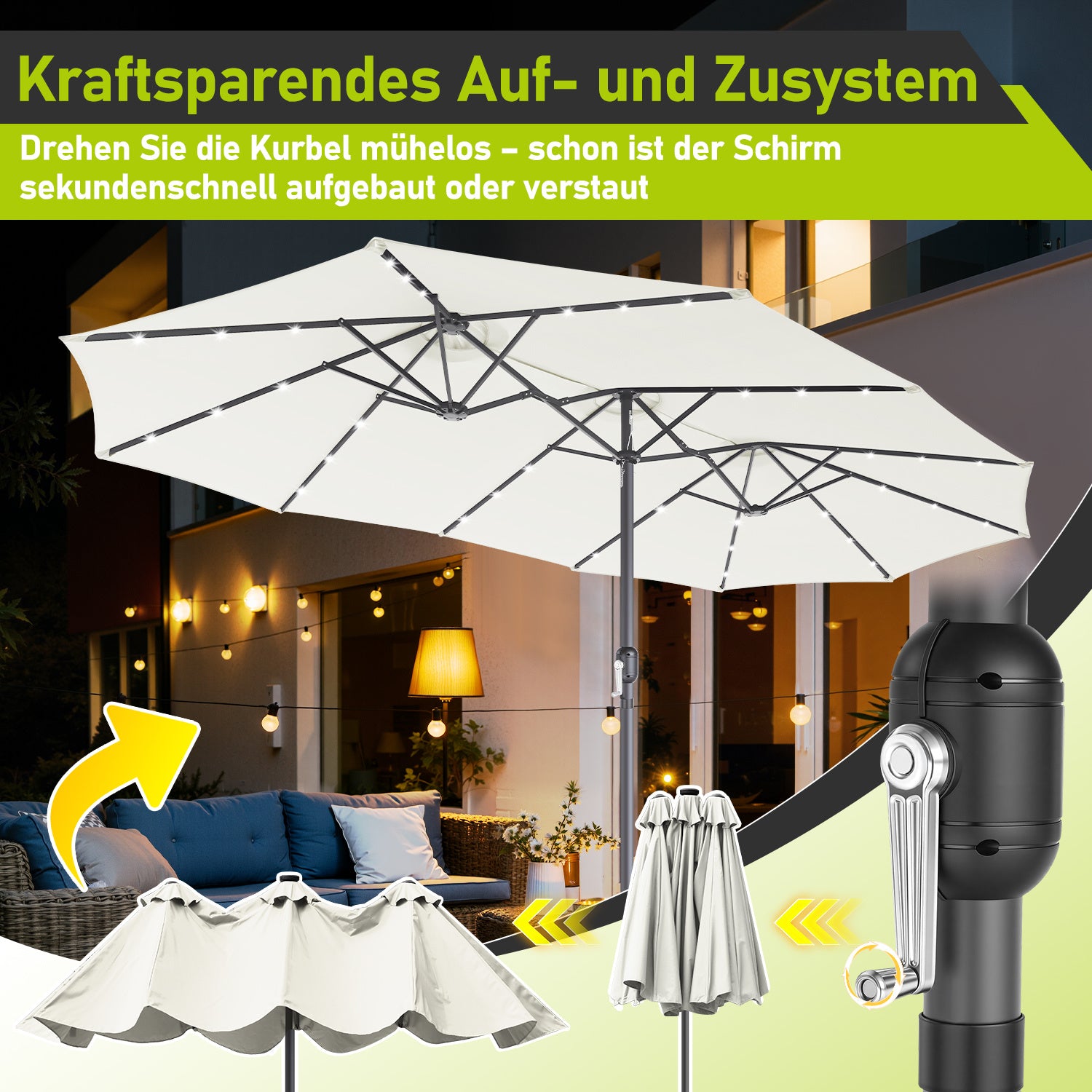 Jopassy Sonnenschirm mit Kurbel, Gartenschirm, mit LED Solar, ohne Ständer