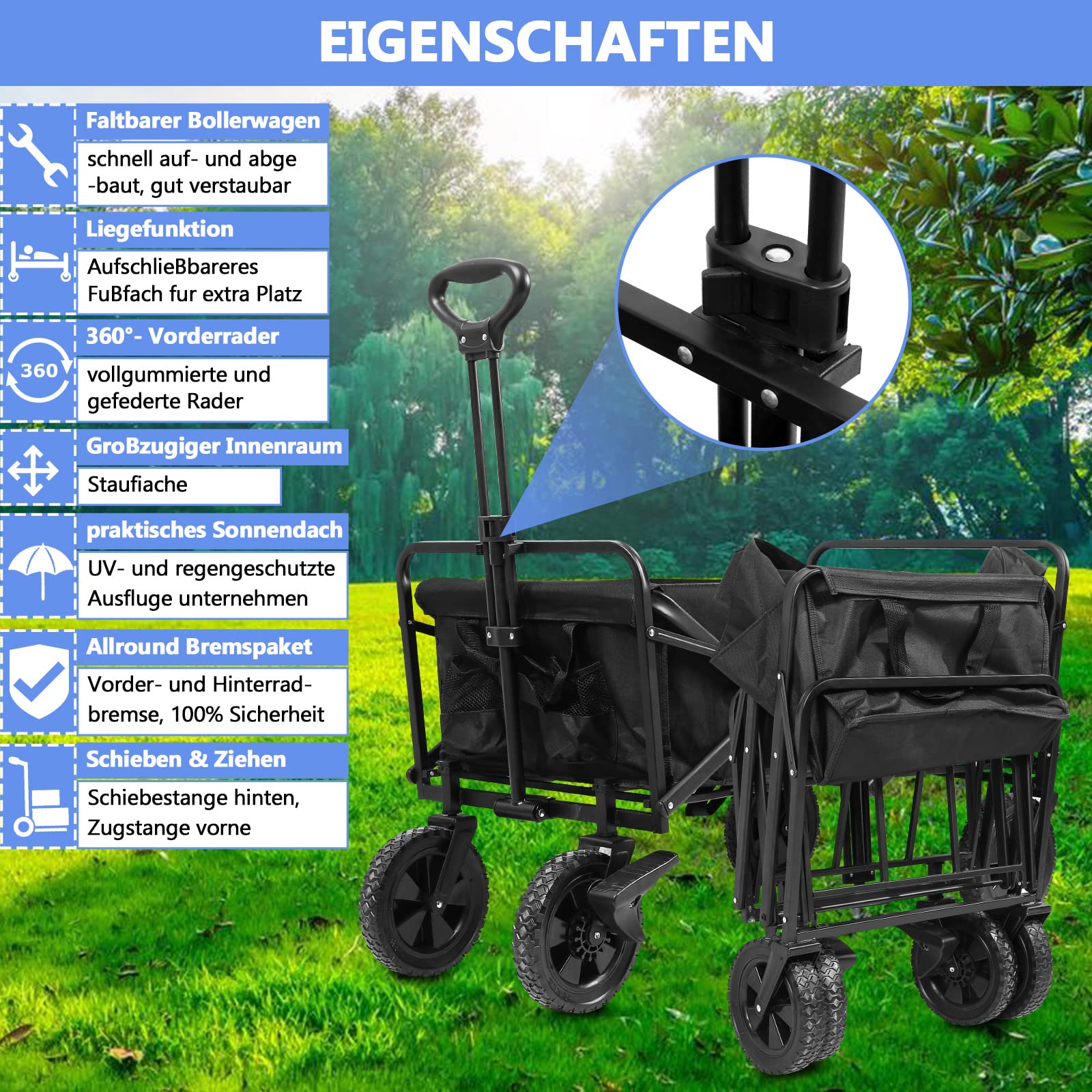 Jopassy  Bollerwagen faltbar 100 x 51 x 75 cm 100 kg für Garten und Camping
