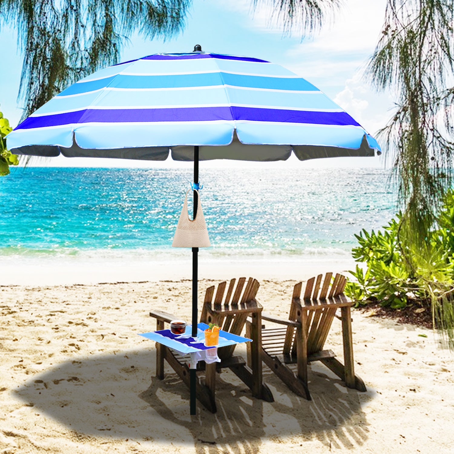 Jopassy Strandschirm Strand Ø 213cm, Sonnenschirm mit Tisch&Haken & Tragetasche,  Neigungswinkel und Höhe verstellbar