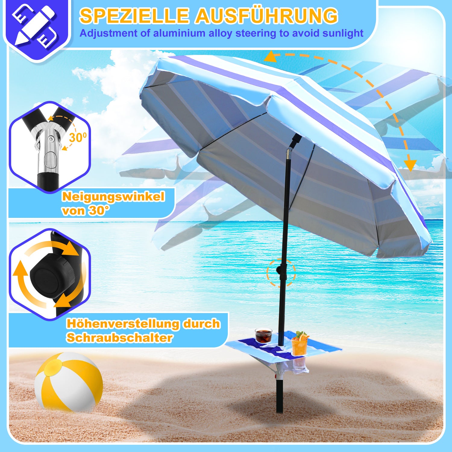 Jopassy Strandschirm Strand Ø 213cm, Sonnenschirm mit Tisch&Haken & Tragetasche,  Neigungswinkel und Höhe verstellbar