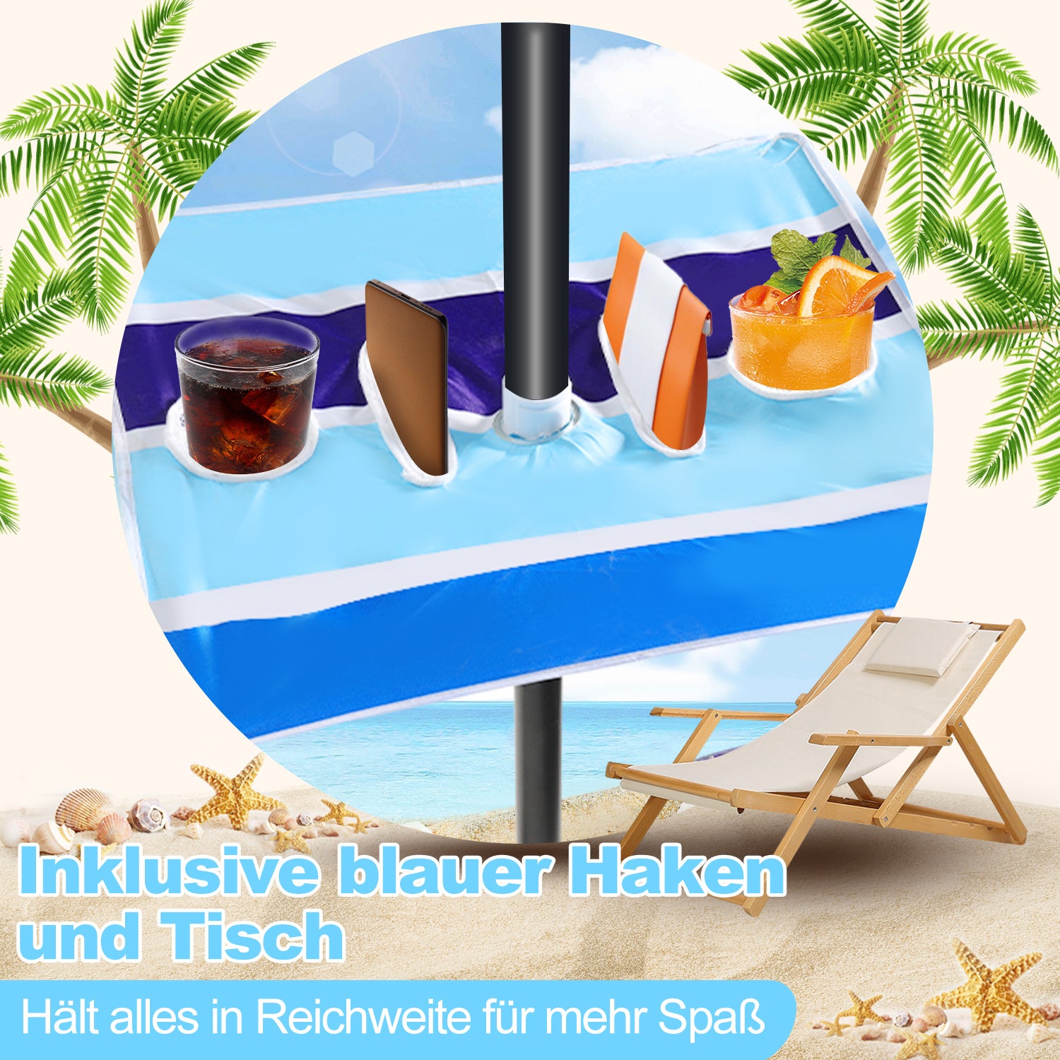 Jopassy Strandschirm Strand Ø 213cm, Sonnenschirm mit Tisch&Haken & Tragetasche,  Neigungswinkel und Höhe verstellbar