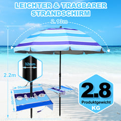 Jopassy Strandschirm Strand Ø 213cm, Sonnenschirm mit Tisch&Haken & Tragetasche,  Neigungswinkel und Höhe verstellbar