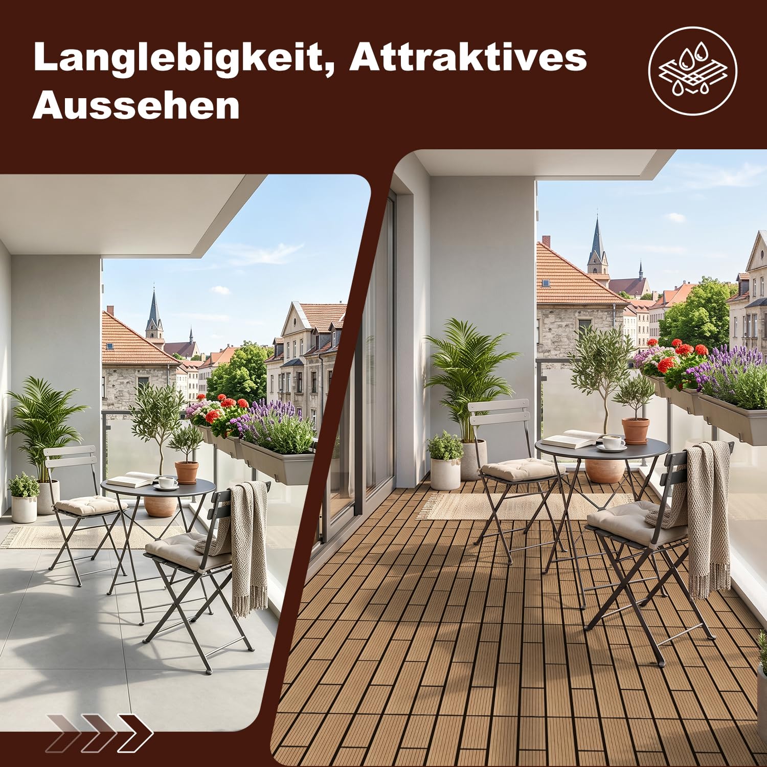 Jopassy WPC Terrassenfliesen 30x60 cm Teak für Balkon und Terrasse