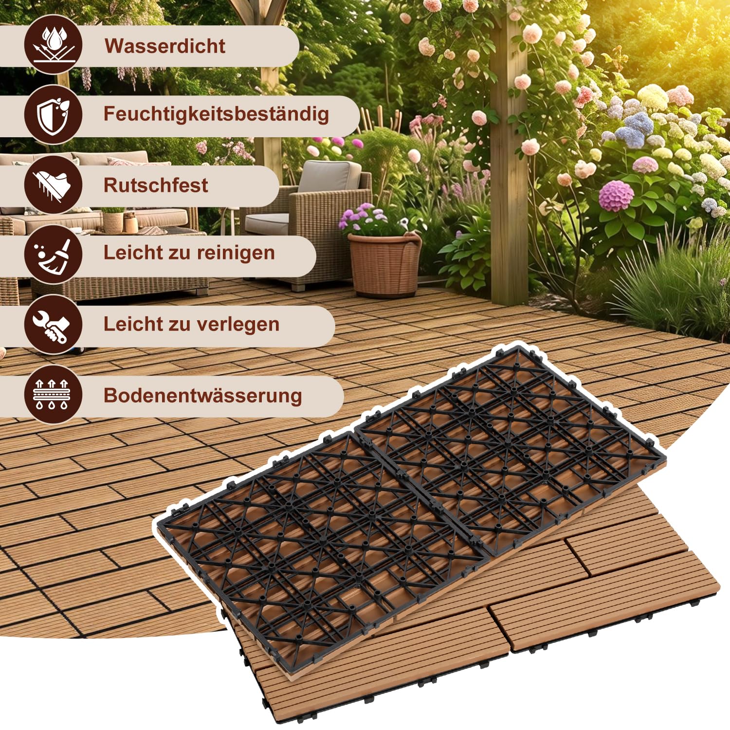 Jopassy WPC Terrassenfliesen 30x60 cm Teak für Balkon und Terrasse