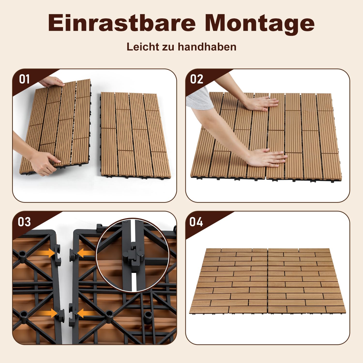 Jopassy WPC Terrassenfliesen 30x60 cm Teak für Balkon und Terrasse