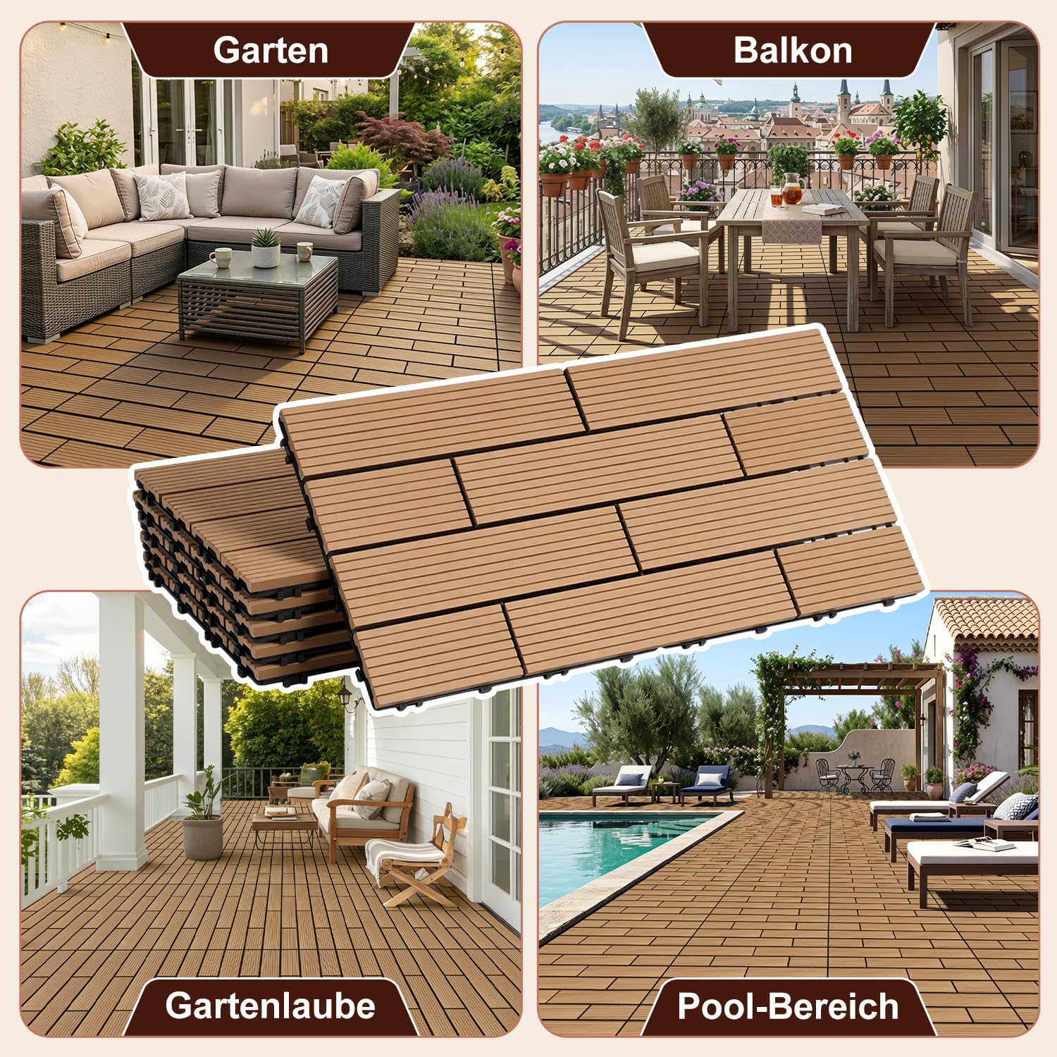Jopassy WPC Terrassenfliesen 30x60 cm Teak für Balkon und Terrasse