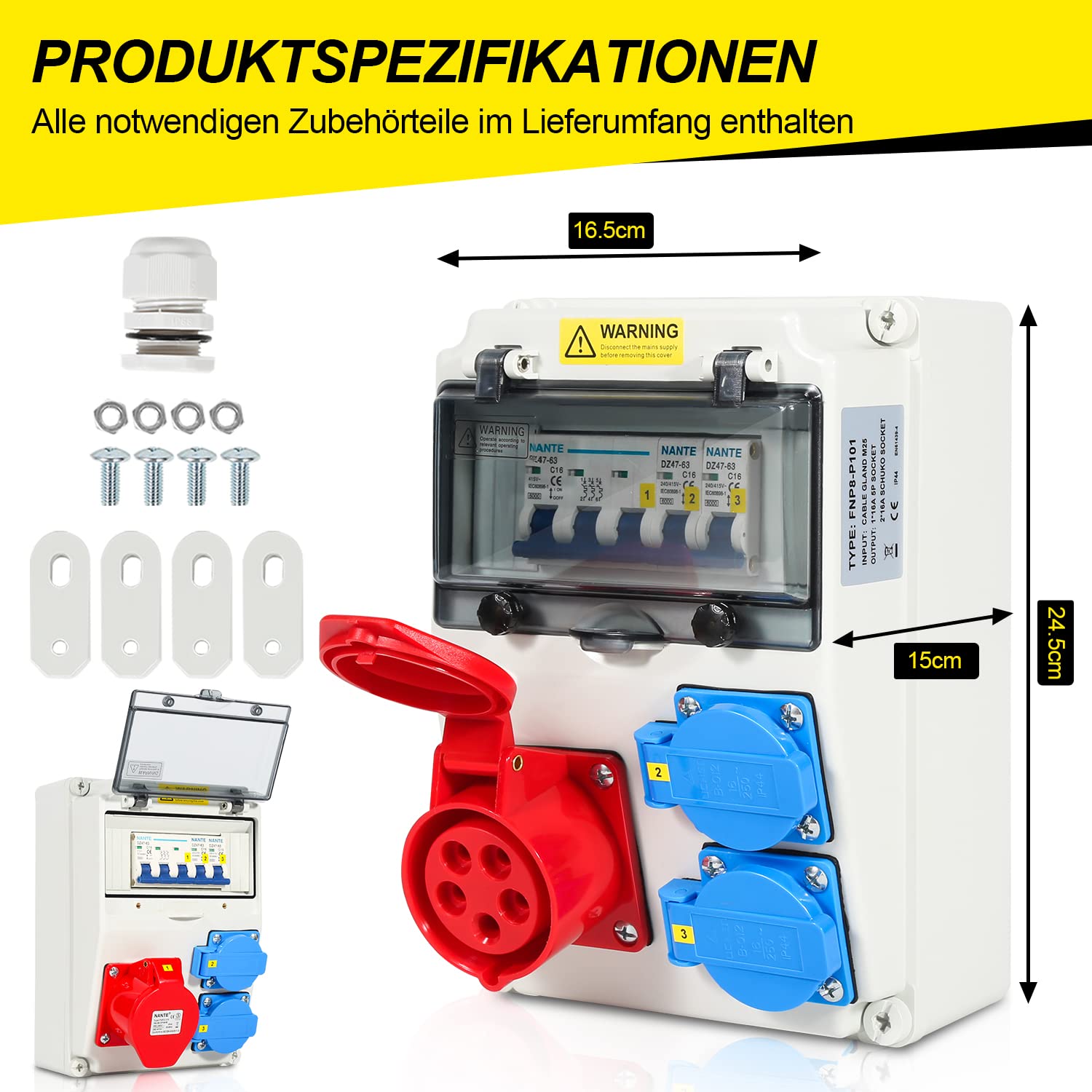 Jopassy Baustromverteiler 16A 400V mit 1× CEE 16A und 2× Schuko 230V IP44