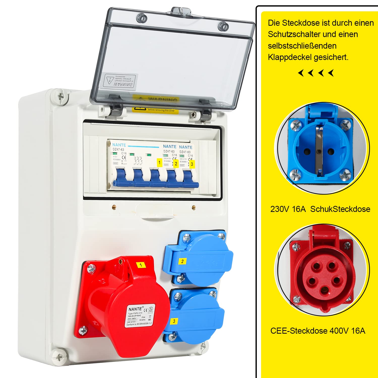 Jopassy Baustromverteiler 16A 400V mit 1× CEE 16A und 2× Schuko 230V IP44