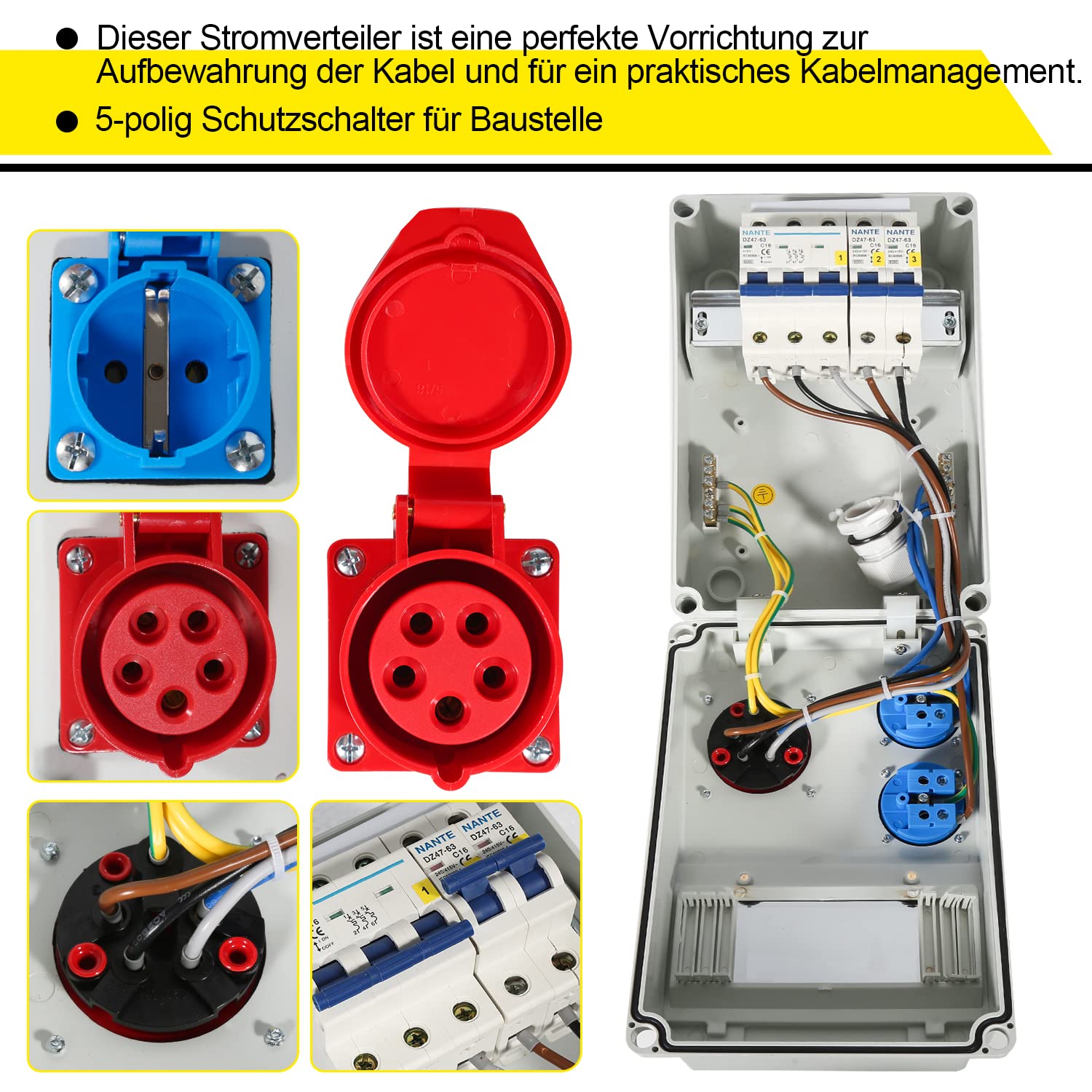 Jopassy Baustromverteiler 16A 400V mit 1× CEE 16A und 2× Schuko 230V IP44