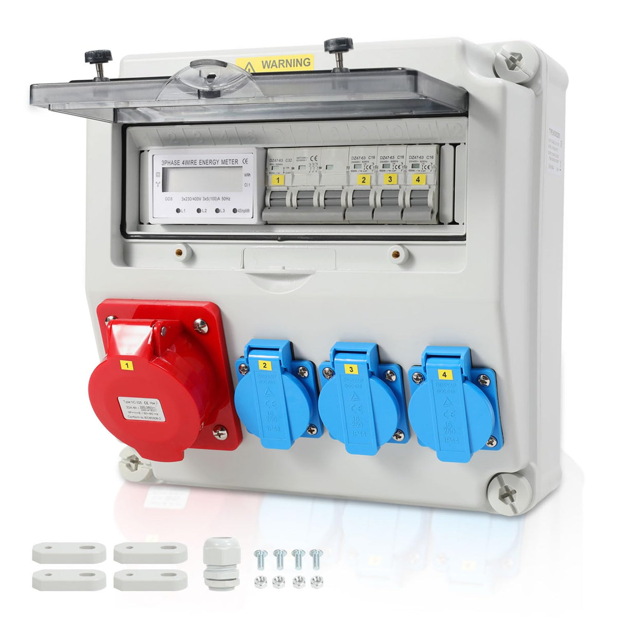 Jopassy Wandverteiler 32A mit 3-Phasen-Stromzähler, CEE 400V und 3×Schuko IP44