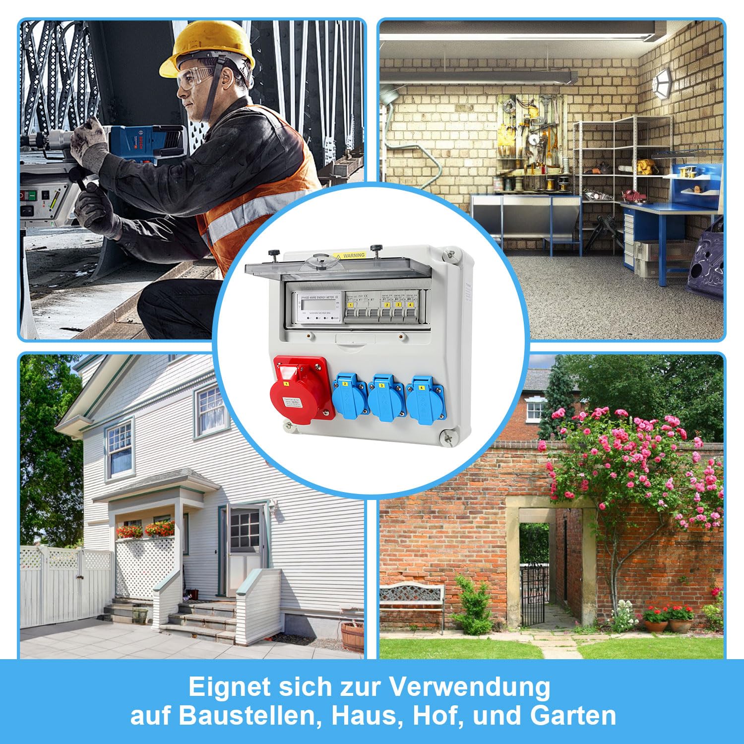 Jopassy Wandverteiler 32A mit 3-Phasen-Stromzähler, CEE 400V und 3×Schuko IP44