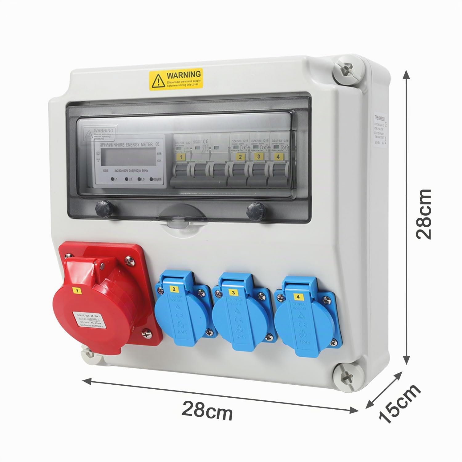 Jopassy Wandverteiler 32A mit 3-Phasen-Stromzähler, CEE 400V und 3×Schuko IP44