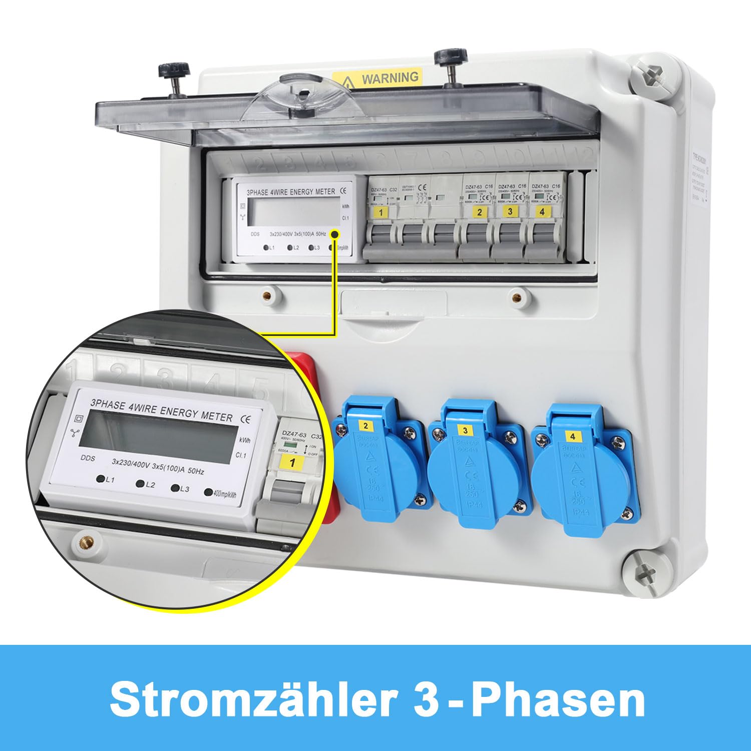 Jopassy Wandverteiler 32A mit 3-Phasen-Stromzähler, CEE 400V und 3×Schuko IP44