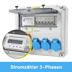 Jopassy Wandverteiler 32A mit 3-Phasen-Stromzähler, CEE 400V und 3×Schuko IP44