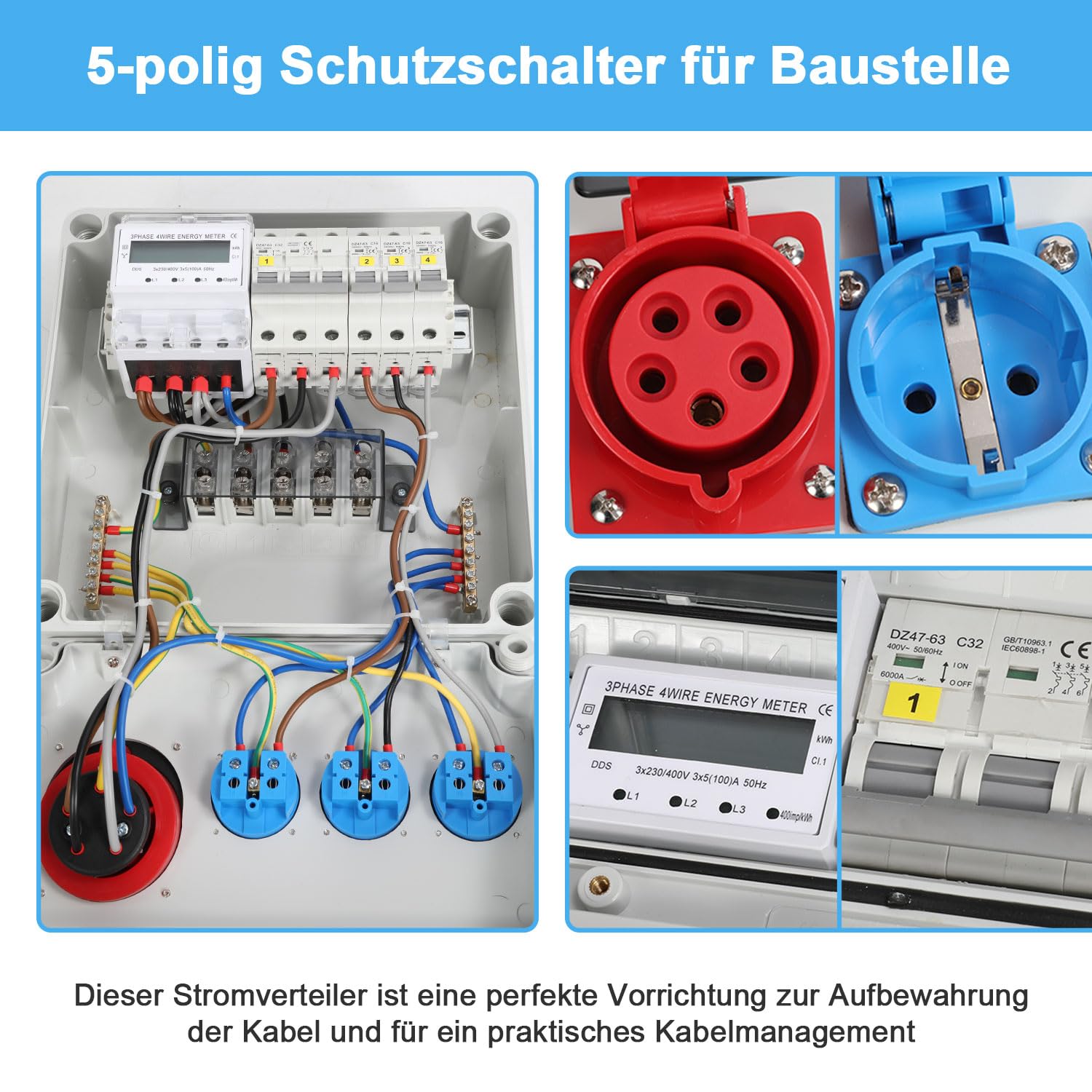 Jopassy Wandverteiler 32A mit 3-Phasen-Stromzähler, CEE 400V und 3×Schuko IP44