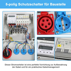 Jopassy Wandverteiler 32A mit 3-Phasen-Stromzähler, CEE 400V und 3×Schuko IP44