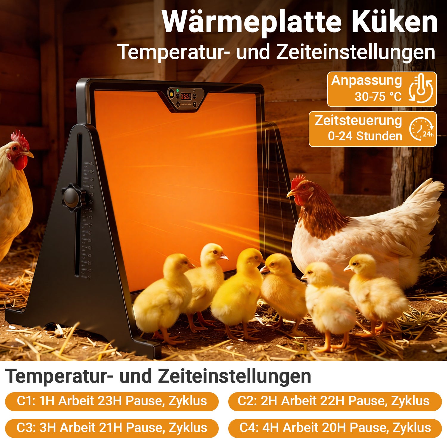 Jopassy Wärmeplatte Küken, Hühnerstall Heizung 300W, Doppelseitige Heizplatte 30-75°C, Höhenverstellbar