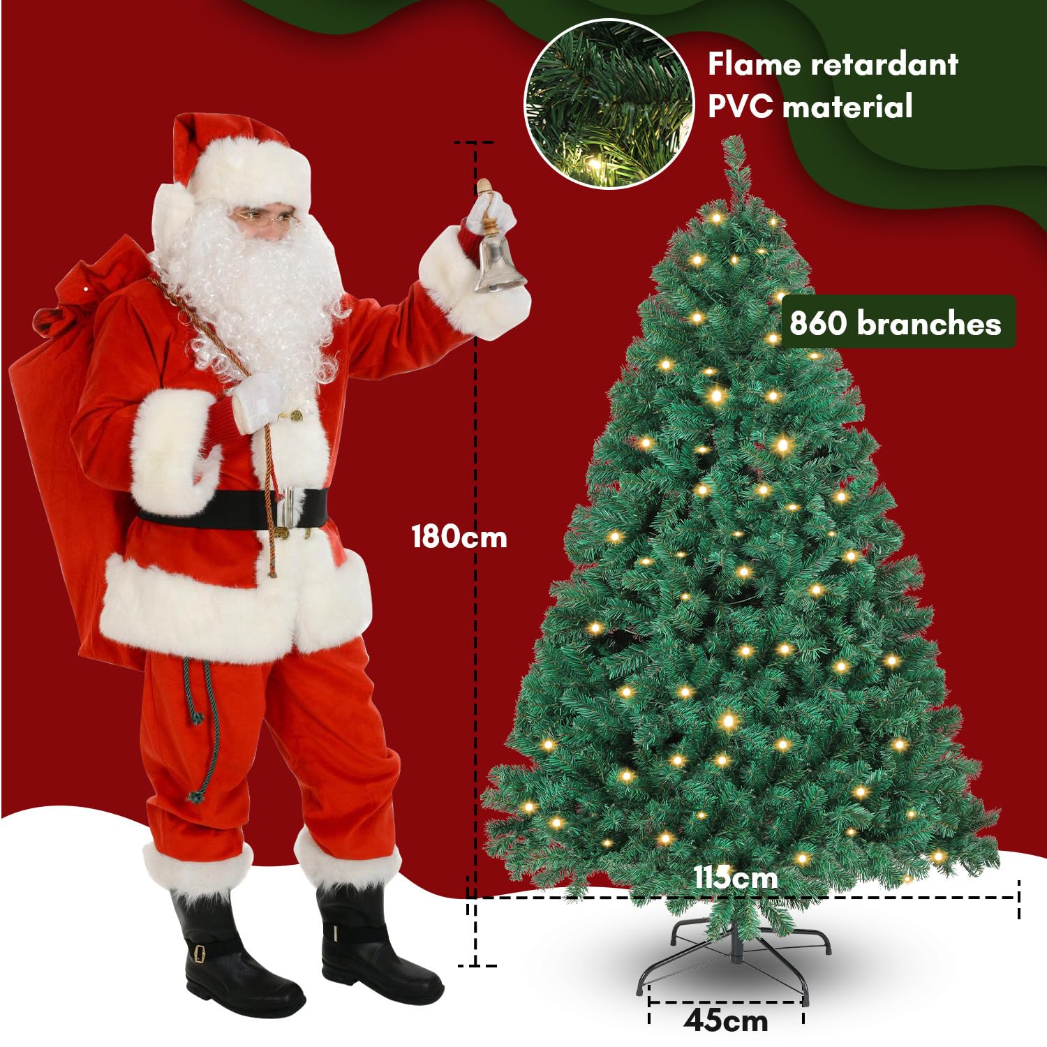 Jopassy Künstlicher Weihnachtsbaum 120/150/180/210 cm mit LED Beleuchtung und Metallständer