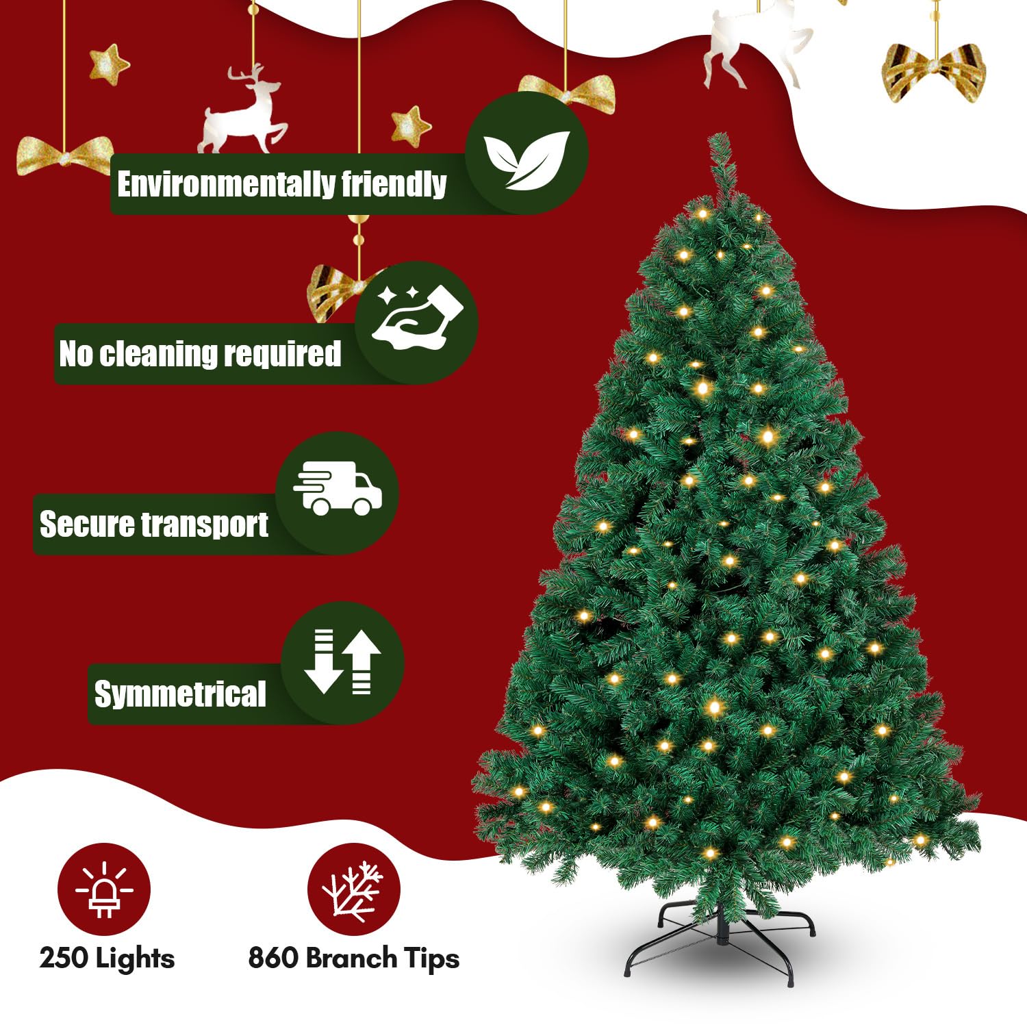 Jopassy Künstlicher Weihnachtsbaum 120/150/180/210 cm mit LED Beleuchtung und Metallständer