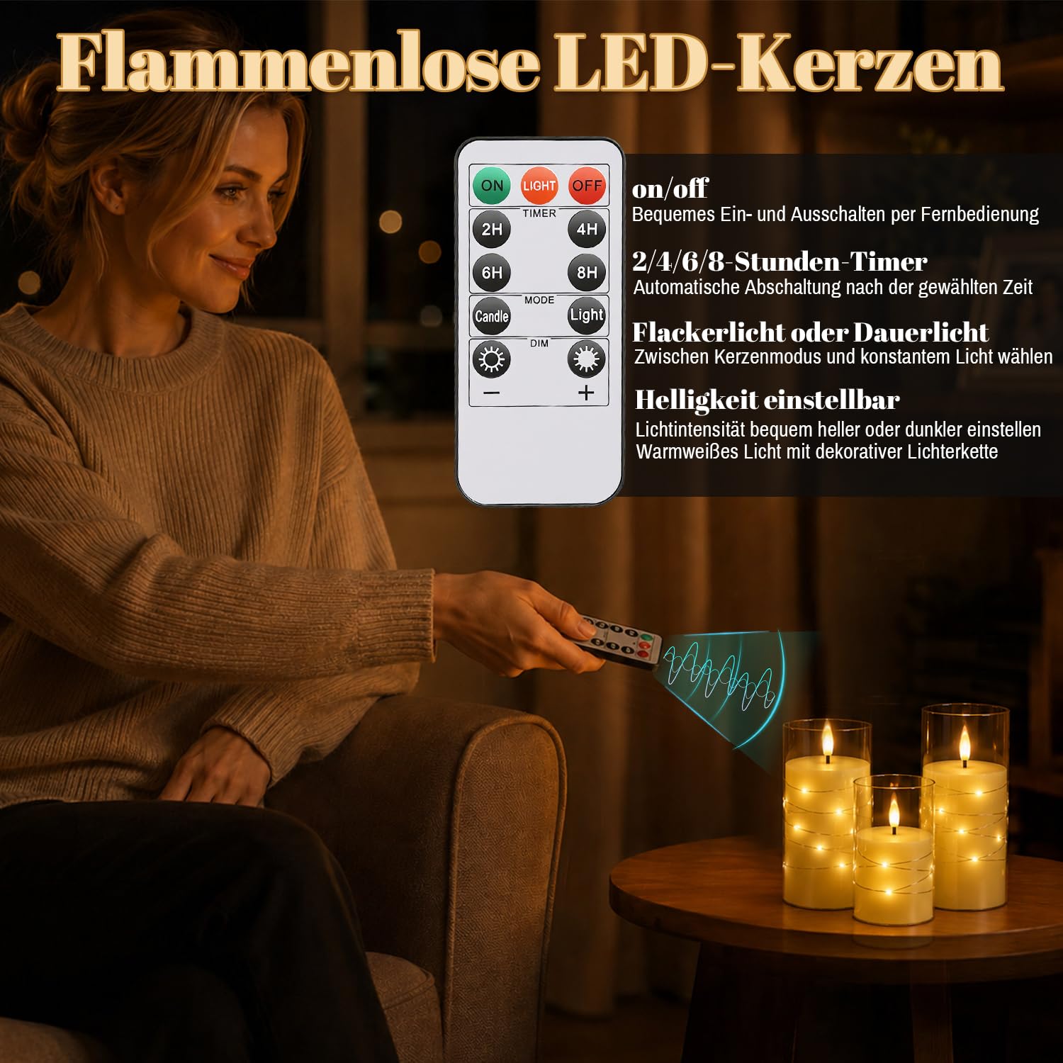 Jopassy LED Kerzen 3er/5er Set mit Lichterkette Fernbedienung und Timer